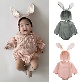 

0-24M Newborn Baby Girls Romper Long Rabbit Ear Hat Cartoon Romper Lovely Infant Tops Jumpsuit Bunny Ear Cap Baby Clothes Outfit