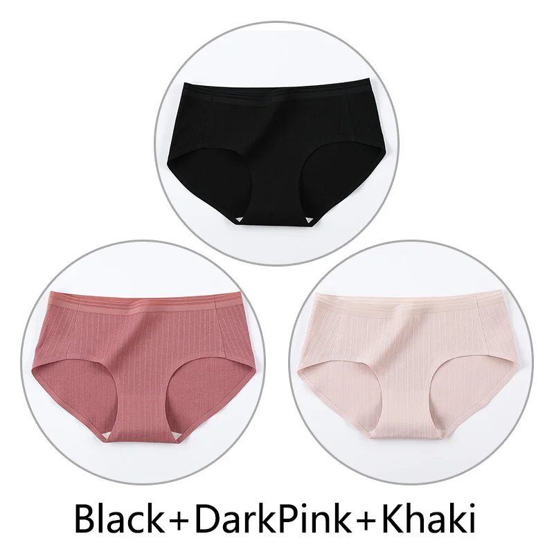 Black DarkPink Khaki 3 шт. нитки жаккардовые процесс дышащие трусики женские сексуальные хлопковые шорты Бесшовные мягкое нижнее белье m-xl девушки нижнее белье - Цвет: Black DarkPink Khaki