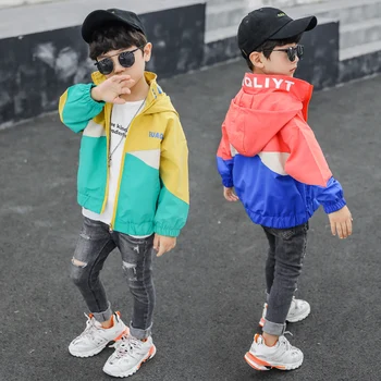 

Boys Spring Autumn Colorblock Coats Kids Jackets Toddler Hooded Windbreaker Children Zipper Outerwear Baby Clothes 6 8 Years
