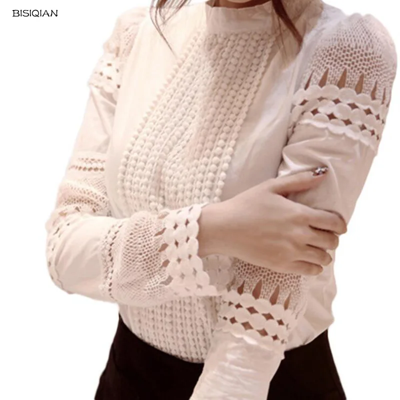 

2020 Women Blouses Slim Bottoming Long-sleeved White Shirt Lace Hook Flower Hollow Plus Size S-5XL