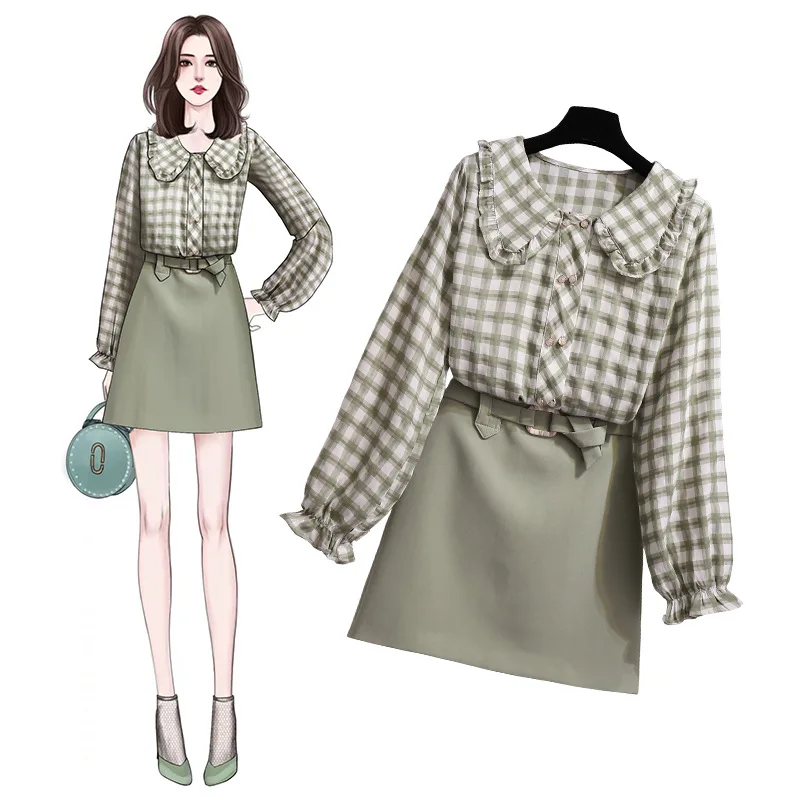 

2019 New Style Hipster Loose-Fit Peter Pan Collar Plaid Shirt + Versatile High-waisted A- line Skirt Women's Solid Color