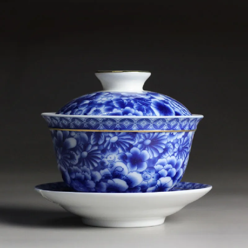 Чайная чаша, китайский чайный набор, Цзиндэчжэнь, голубой и белый фарфор, Gaiwan, керамическая чайная чашка и блюдце, набор, Золотая окрашенная чайная супница