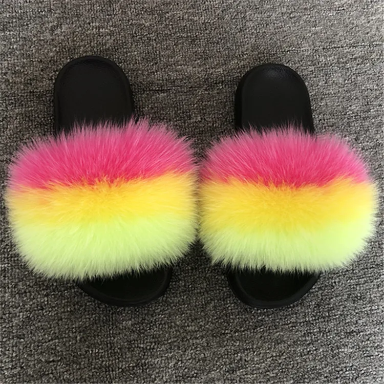 fox hair SHUI Популярные меховые тапочки; женские домашние пушистые шлепанцы с мехом лисы; удобная летняя обувь на плоской подошве с перьями; Милая женская обувь; домашняя обувь; размер 45 - Цвет: fox hair SHUI