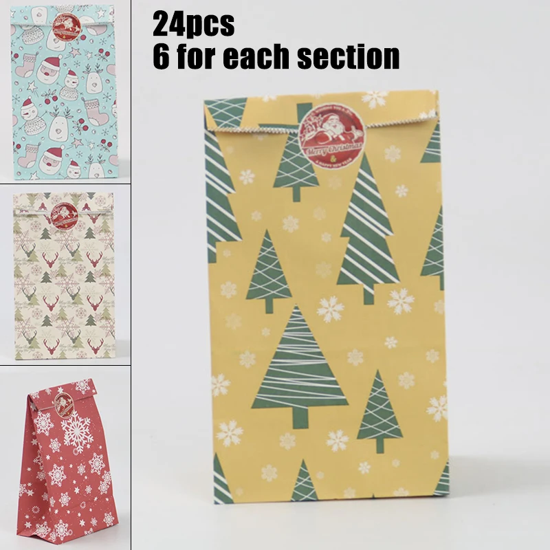 

24*Kraft Paper Bags+1*Sticker Square Base Oil-Proof Packing Bags For Christmas Food Cookie Birthday Party Favor Stand Bags