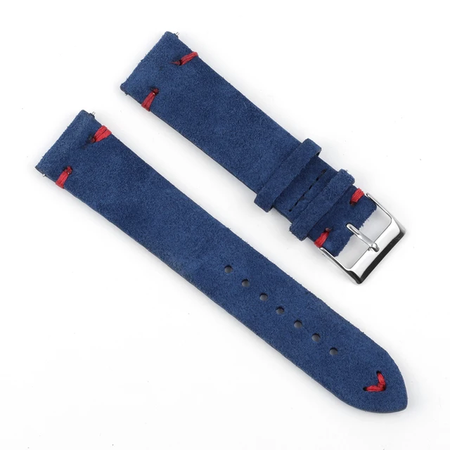 High Quality Suede Leather Vintage Watch Straps Blue Watchbands Replacement Strap for Watch Accessories 18mm 20mm 22mm 24mm RoyalBlue-Red Line
