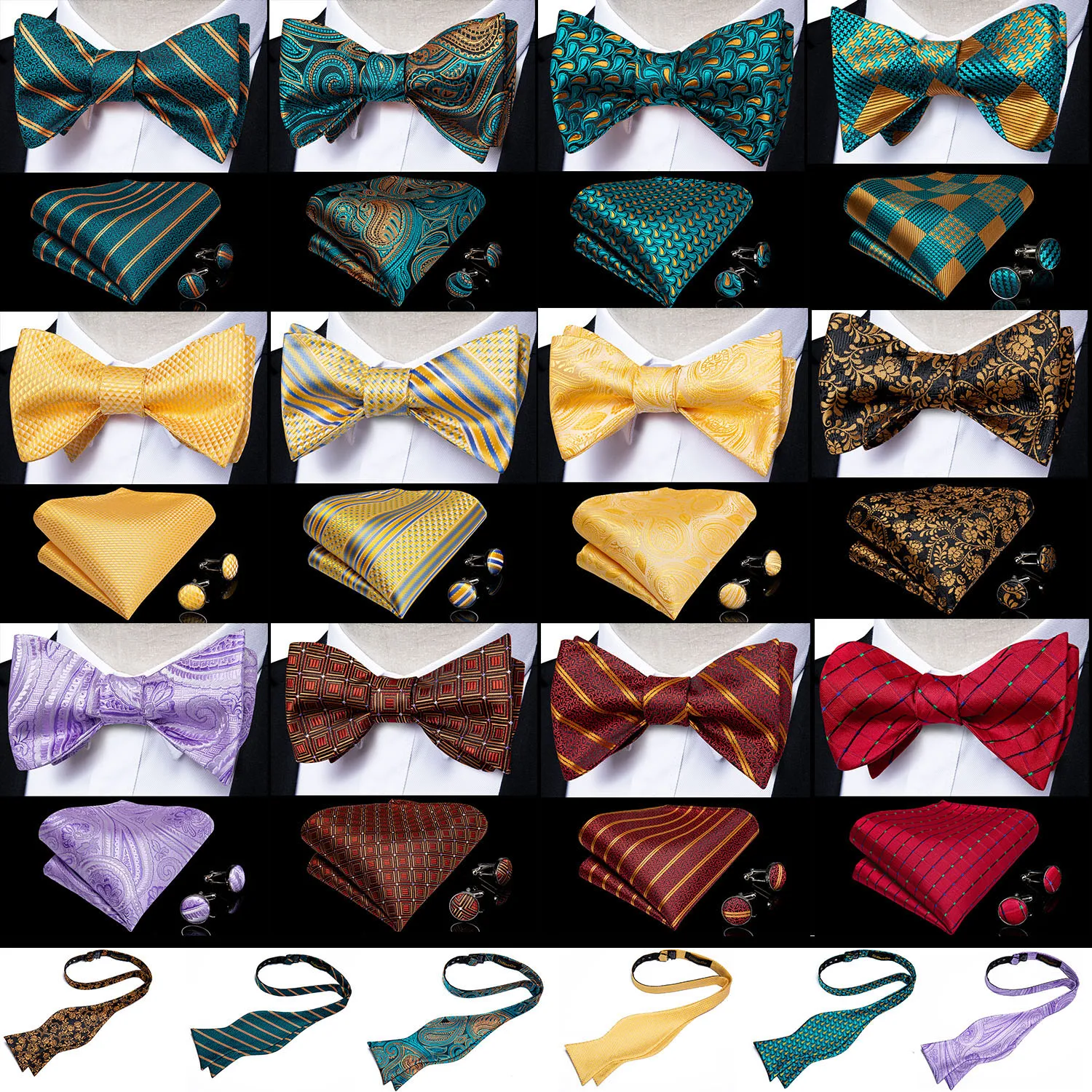 Mens Silk Bowtie Ascot Cravat Pre-tied Self Bow Tie Necktie Hanky Cufflinks Set 