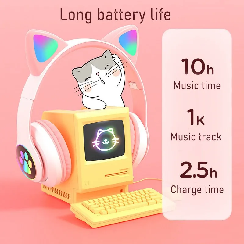 Shoumi Wireless Headphone Flash Light Cute Cat Helmet Phone HD Mic Bluetooth Headset LED Kid Girl Stereo Noise Reduce Music Gift