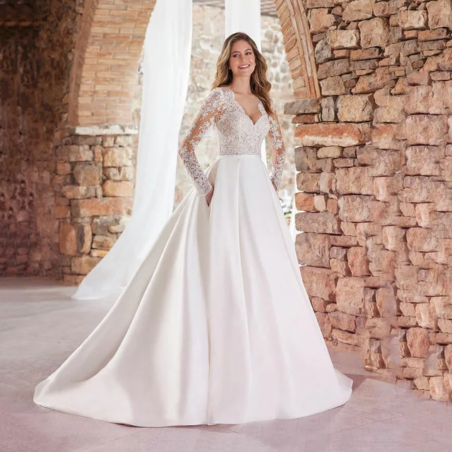 SoDigne Elegant Women Wedding Dresses With Pocket Sexy V Neck Long Sleeves Lace Appliques Bride Dress Satin Long Bridal Gowns Photo Color