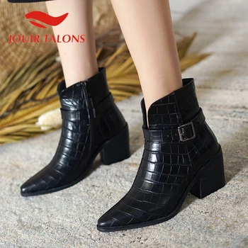 

JOUIR TALONS Hot Sale Big Size 45 women shoes Sexy Pointed Toe Ankle Boots Classics Buckle Straps Chunky Heels Autumn Boots