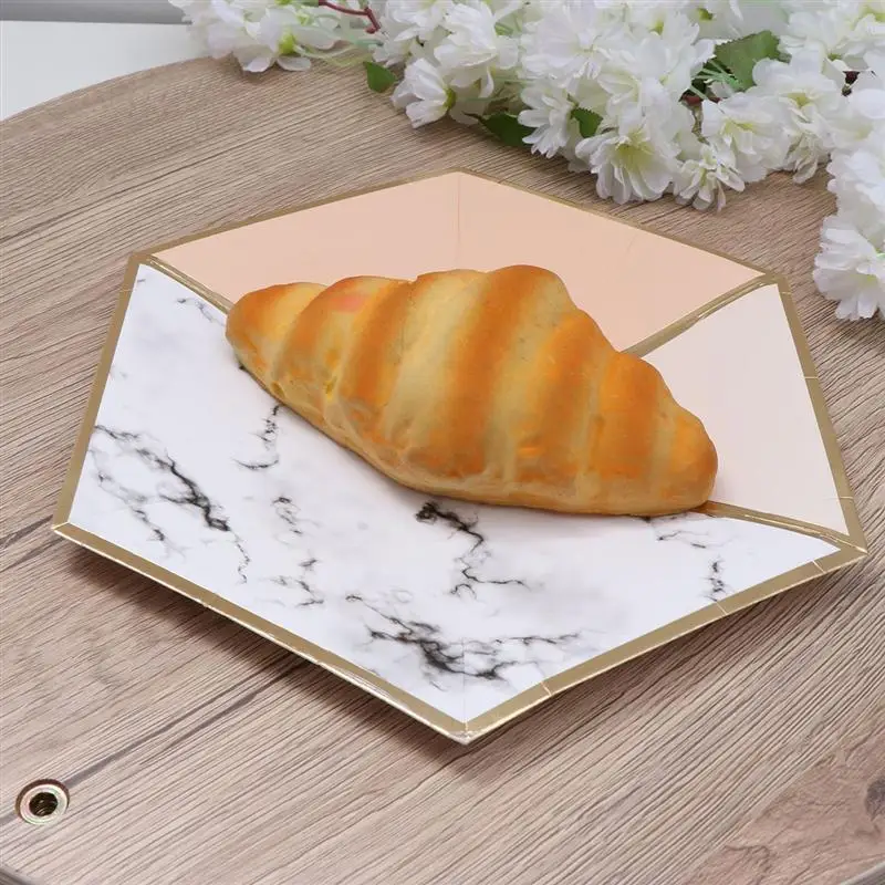 8PCS 9 Inches Disposable Tableware Paper Plates Golden Stripe Hexagonal Dinner Plates Party Supplies Paper Dishes for Carnival