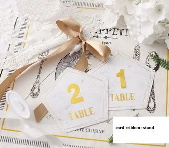 

free shipping 10pcs Wedding favors custom name golden number cards with stand ribbon bow Annual meeting private order seat card