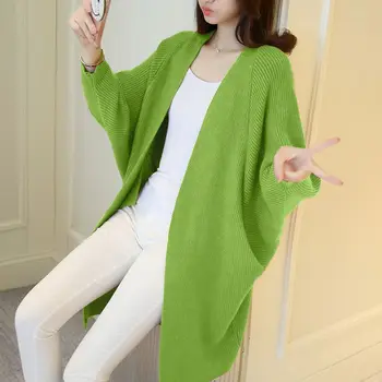 

Women Autumn Winter Solid Color with Pocket Round Neck Vintage Bat Sleeve Loose Cardigan Warm Long Knit Coat