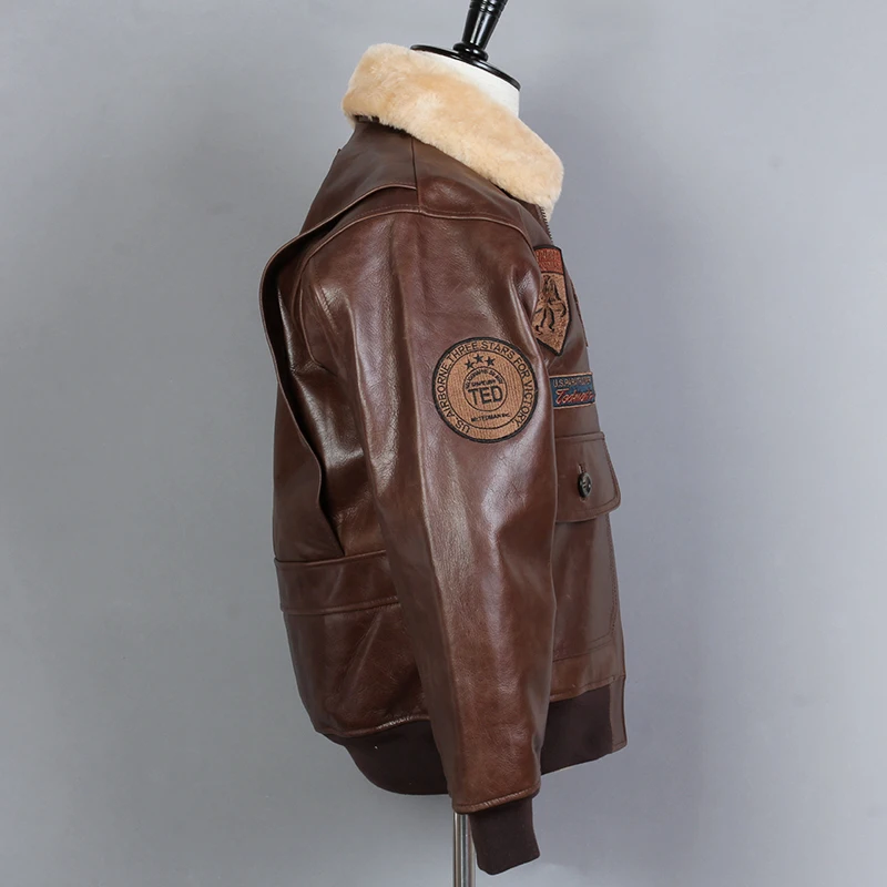 

fly G1 Air Force Genuine Leather Men Fur Collar Cowsikn Bomber Biker Motorcycle Jacket Winter Coat