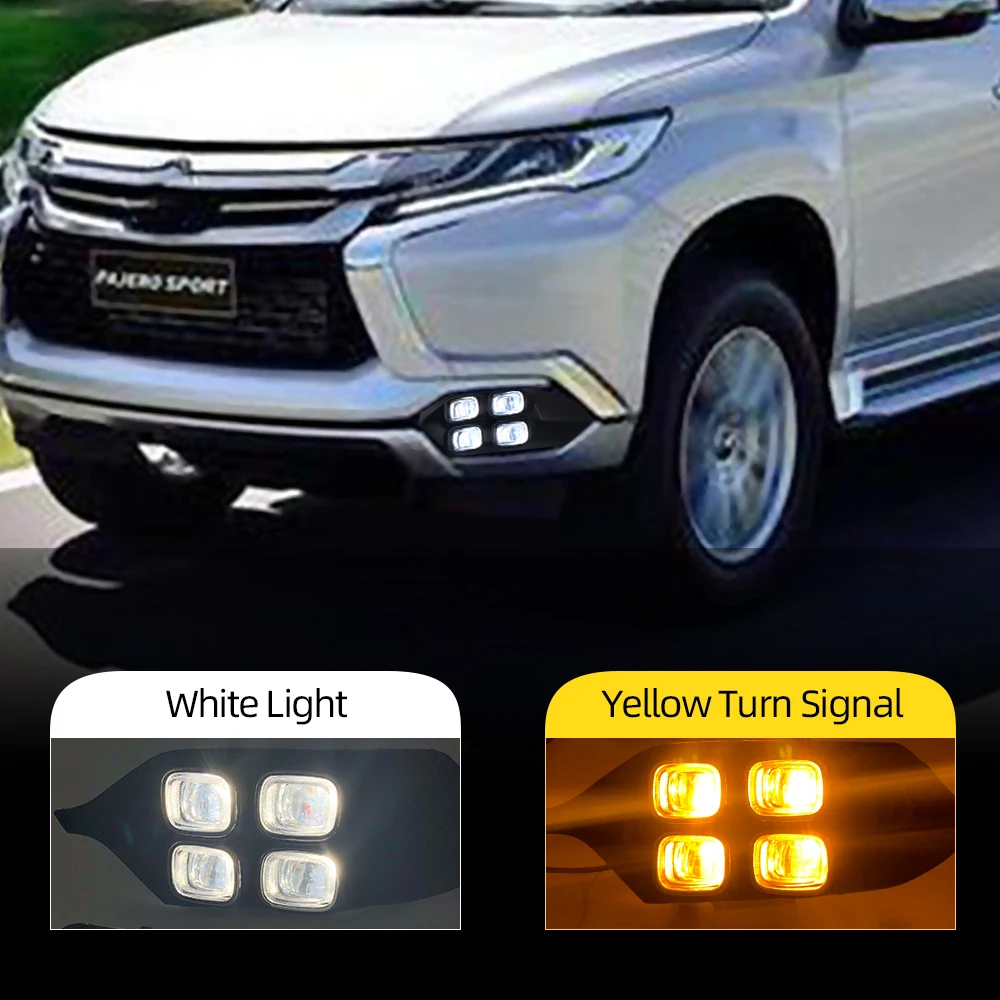 1 Set Car LED light Daytime Running Light DRL For Mitsubishi Pajero Sport 2016 2017 2018 2019 fog lamp with turn signal | Автомобили и