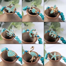 Богемский синий акриловый браслет на лодыжку с бусинами для женщин цепочка на ногу кокосовое дерево Фламинго якорь электрокардиограмма сова животное ножной браслет