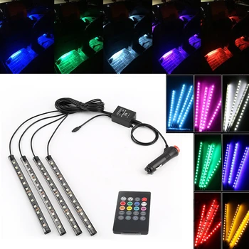 

4pcs 12LED Car RGB LED Strip Light Remote Control Voice Control 48LED Decorative Atmosphere Lamps 8 Colors Car Interior Light