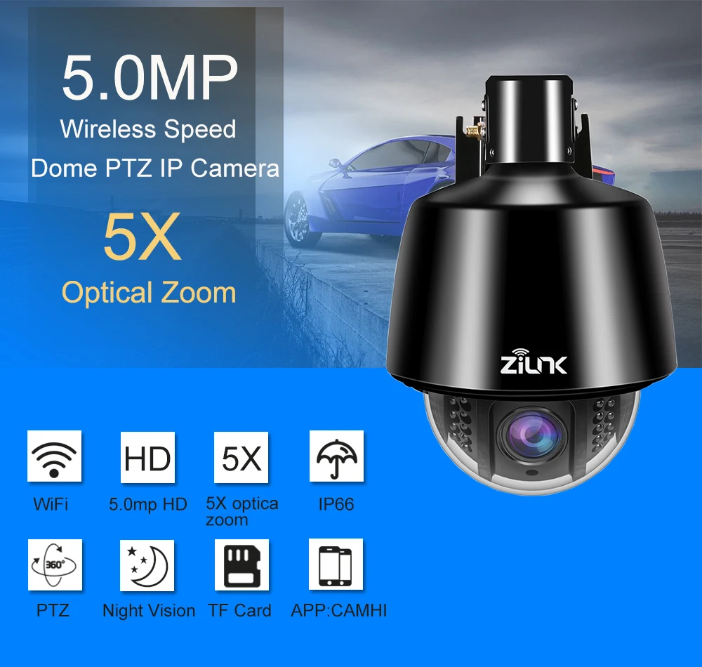 ZILNK 5.0MP PTZ IP камера 1080P HD wifi скорость купольная 5x оптический зум Водонепроницаемая камера видеонаблюдения IR 30 м H.264 ONVIF поддержка CamHi APP