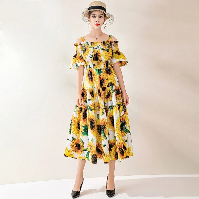 LINHGHAN Spring Autumn Cotton Dress Women Runway Fashion Designer Off Shoulder Flower Print Sexy Lady Strap Dresses Vestidos New - Цвет: Многоцветный