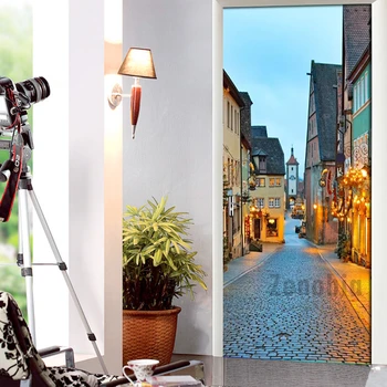 

European Retro Romantic Street View Wallpaper PVC Self-adhesive Door Stickers Photo Wall Painting Living Room Door Decor Mural