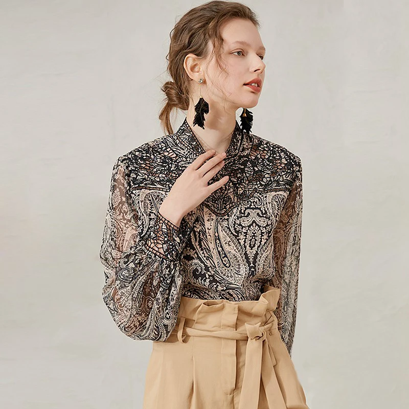 100% Silk Pullover Blouse Women Hollow Out Blouse Elegant Design Stand Neck Lantern Long Sleeve Shirt Women Casual New Fashion 100% Silk Pullover Blouse Women Hollow Out Blouse Elegant Design Stand Neck Lantern Long Sleeve Shirt Women Casual New Fashion