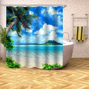 

Palms Tree Ocean Tropical Coast Beach Sea Bathroom Shower Curtain with Hooks TB Sale