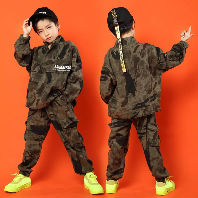 Детская одежда в стиле хип-хоп камуфляжная кофта с капюшоном Толстовка Штаны для бега для девочек и мальчиков, костюмы для джазовых танцев для детей 6, 8, 10, 12, 14, 16 лет