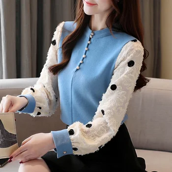

Women Sweater Long sleeve Knitted Pullovers Tops Patchwork Flower Dot Printed Chiffon shirt