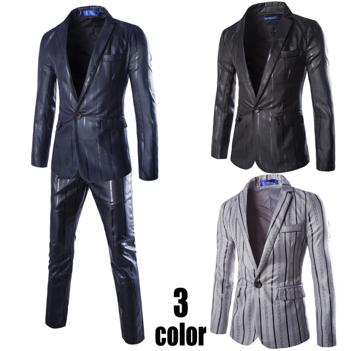 

Men's new Europe and the United States a button suit suit men tide slim coat vertical stripes small suit two-piece mens tuxedo