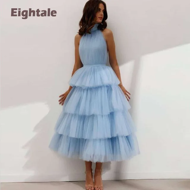 LORIE Baby Blue Prom Dresses High Neck Tiered Tulle Tea Length Backless Summer Arabic Wedding Party Gown Graduation Dress 2021 Blue