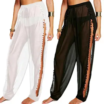 

Women High Waist Drawstring Side Slitting Fuzzy Ball Decor Bloomers Long Pants damen sommer hosen одежда для женщин весна