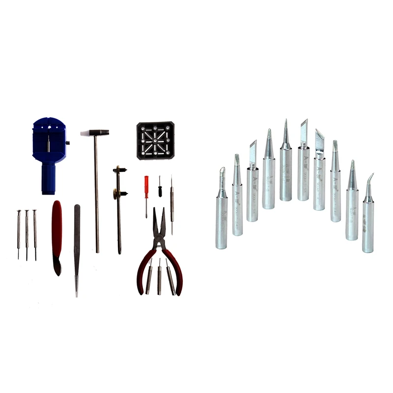 

10Pcs 900M-T Soldering Iron Tips Silver & 16Pc Watch Repair Tool Kit Band Pin Strap Link Remover Back Opener Red
