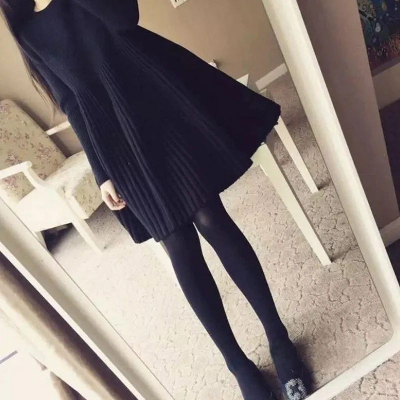 Black Chrleisure осень и зима женский вязаный свитер платье мода сплошной цвет с длинным рукавом Женский вязаный свитер тонкая одежда - Цвет: Black