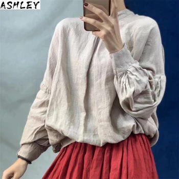 

Spring Cotton 2020 Linen Loose Solid Color Womens Tops And Blouses New O-neck Lantern Sleeve Button Colors Shirts