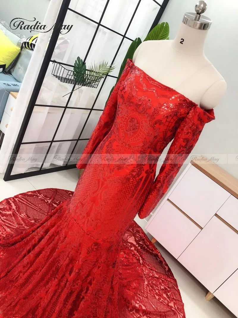 Elegant Off Shoulder Red Long Sleeves Mermaid Prom Dresses 2k19 Sparkly Sequin African Plus Size Formal Gowns Graduation Dress