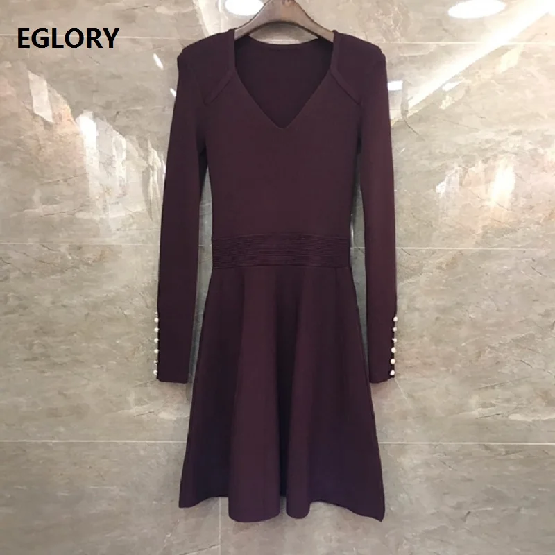 

High Quality Knitted Dress 2019 Autumn Winter Casual Sweater Dress Women V-Neck Beading Button Long Sleeve Pullover Dress Female