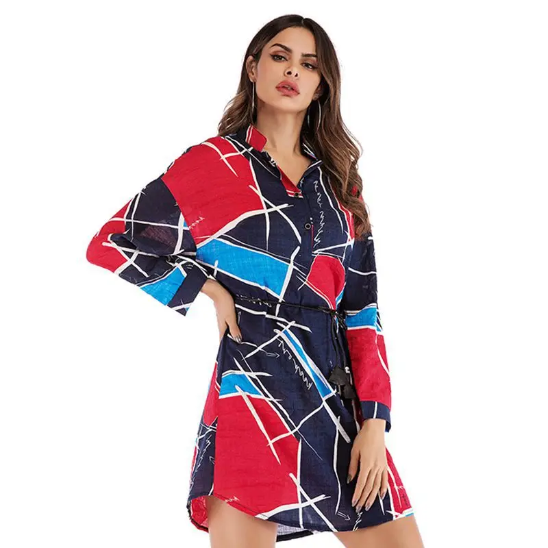 

Spring 2020 Women's Shirt Long Style and Loose Geometric Print Long Sleeve Shirt Womens Tops and Blouses Ladies Tops Vintage