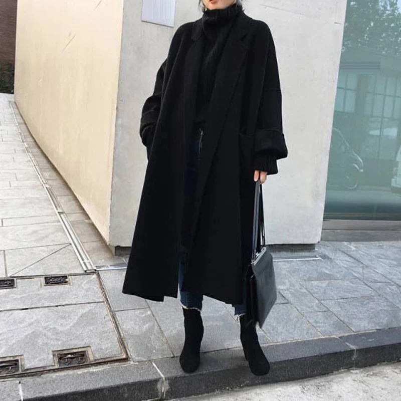 

New 2019 Women Woolen Coat Thicken Long Sleeve Medium-long Turn-down Collar Open Front Parka Belt Coat