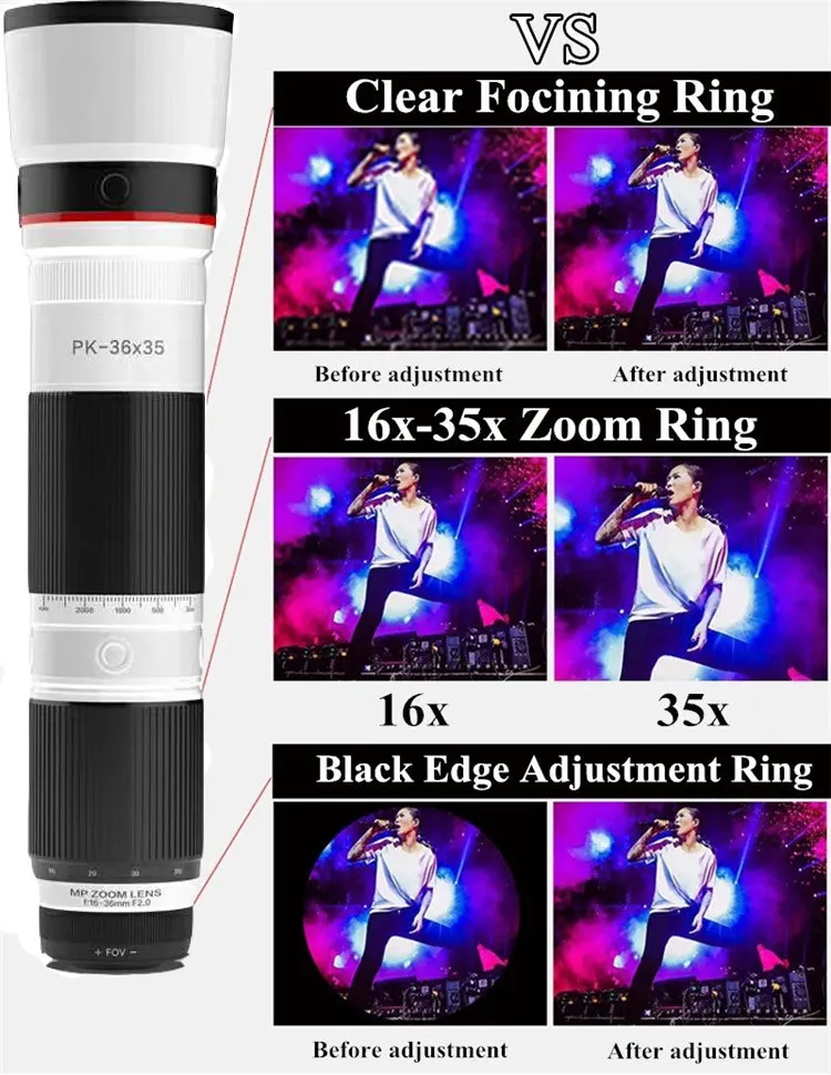 4K HD 16-35X Telescope Camera Zoom Lens for Smartphone Lente Celular 3-Section Adjustable Cell Phone Telephoto Lenses