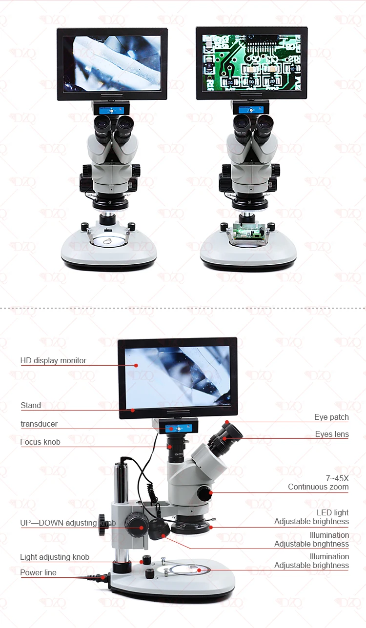 New in zoom ratio 7-45X with double lights and monitor with camera of  high pixel trinocular microscope