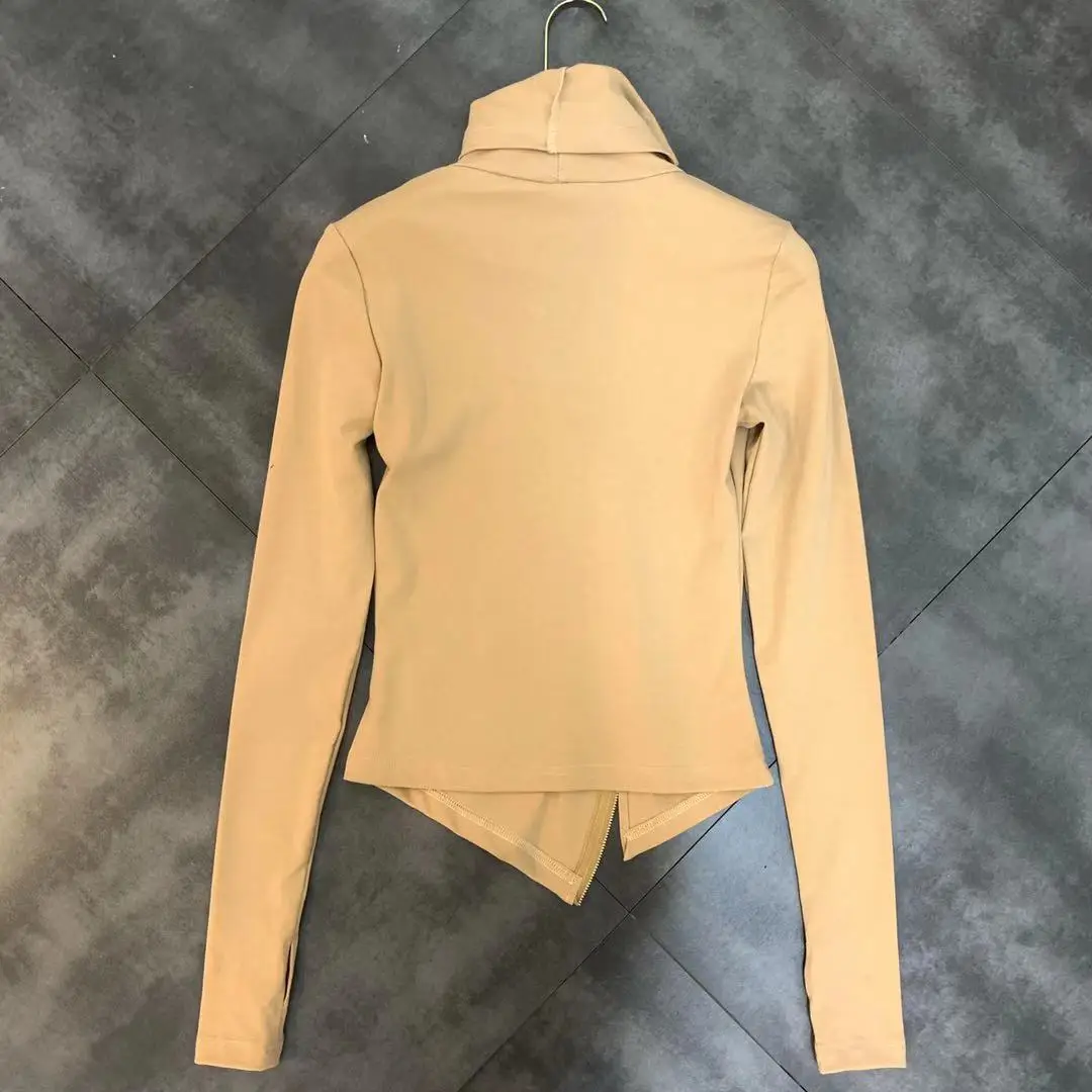 New Winter T Shirt Long Sleeve High-necked Long-sleeved Zipper Decoration Shirt Female Backing Hollow Chest