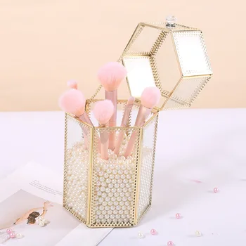 

Hexagonal Makeup Brush Storage Box Women Cosmetic Bucket Office Desktop Covered Pencil Holder