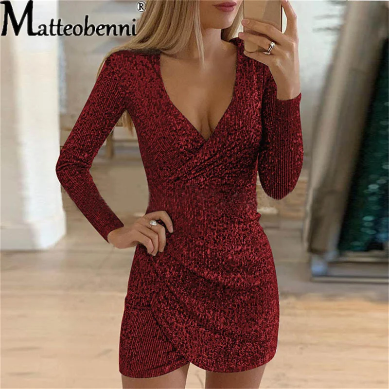 Fashion Sexy Dress Summer Autumn Women's V-Neck Buttock Irregular Short Dress Sequin Tight Dress Party Dress Elegant Vestidos