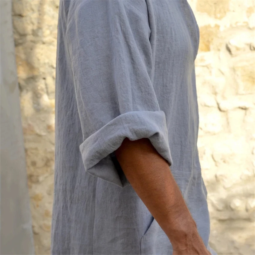 Мужская мусульманская рубашка с v-образным вырезом jubba thobe, хлопковая свободная мусульманская рубашка с длинным рукавом для Ближнего Востока и турецкого Дубая