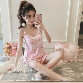 

Tank Top Shorts Nightwear Summer Pajama Sets for Women Cotton Sleepwear Girls Sleeveless Sexy Lingerie Two Piece Set