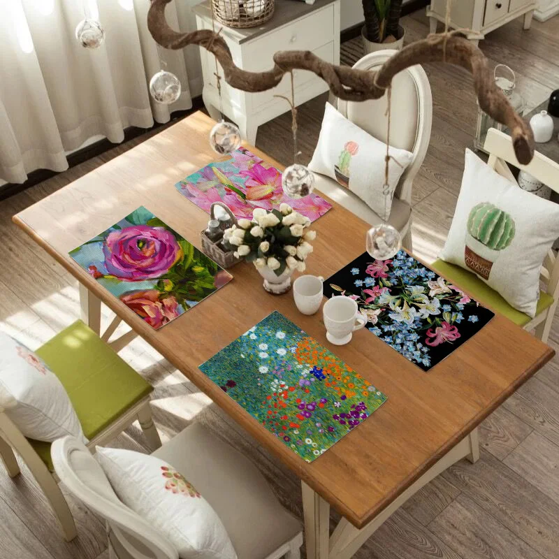 

Flower Pattern Dining Table Decoration Placemat Kitchen Printed Fabric Mat Linen Heat Insulation Coaster Tableware Pad