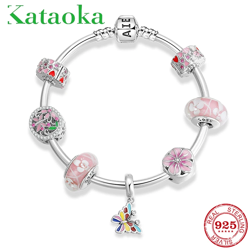 Подарок для девочки, 925 пробы, серебряный, розовый, Очаровательная бабочка с цветными зажимами в виде сердца, подвеска из бисера, трендовые браслеты для женщин, ювелирное изделие