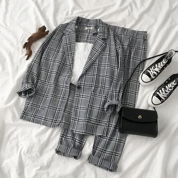 

TYHRU Autumn Plaid Blazers Pants Suits Notched Collar Pockets Single Button Jacket + Pants Two Piece Set