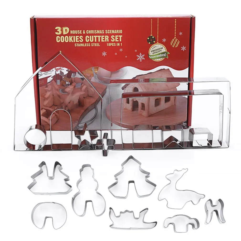 18 Pcs Set Christmas Stainless Steel 3D Cookie Cutter Mold Gingerbread House | Дом и сад