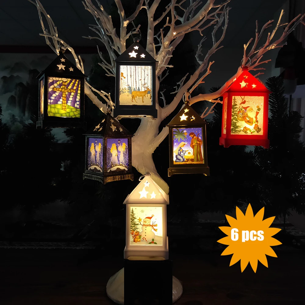 

6 pcs Led Christmas Candle Xmas Lamp Painted Hanging Lantern for Chrismas Tree Hanging Decoration Home Decorative Star Lights