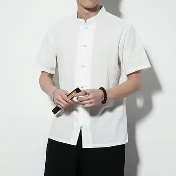 

Men Solid Color Stand Collar Short Sleeve Loose Shirt Chinese Style Tang Suit Suitable for work travel shopping daily wear